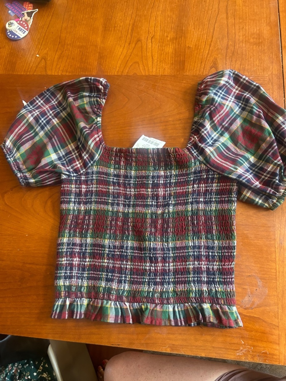 American Eagle Small Tartan Flannel Plaid Smocked Crop Top Puff Sleeve Sz S
